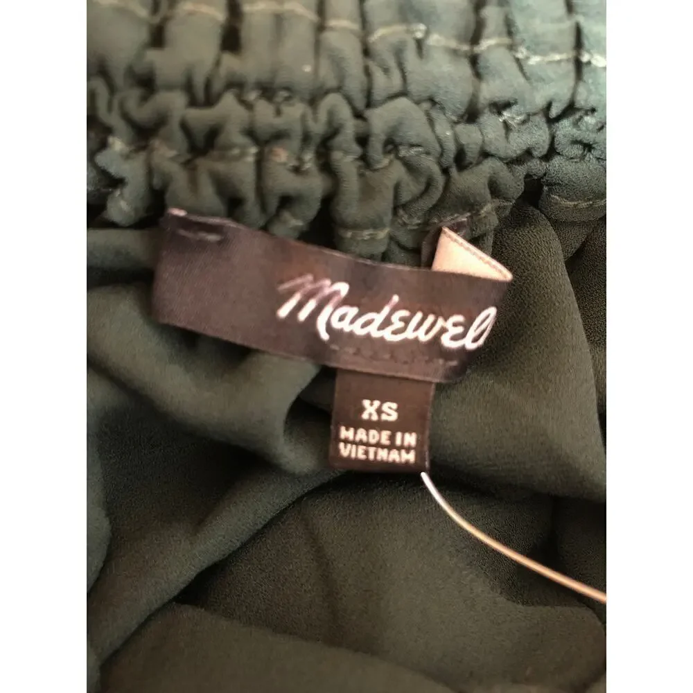 Madewell Top Long Sleeve Tie Neck Peasant Blouse Luxury Forest Green NWT XS